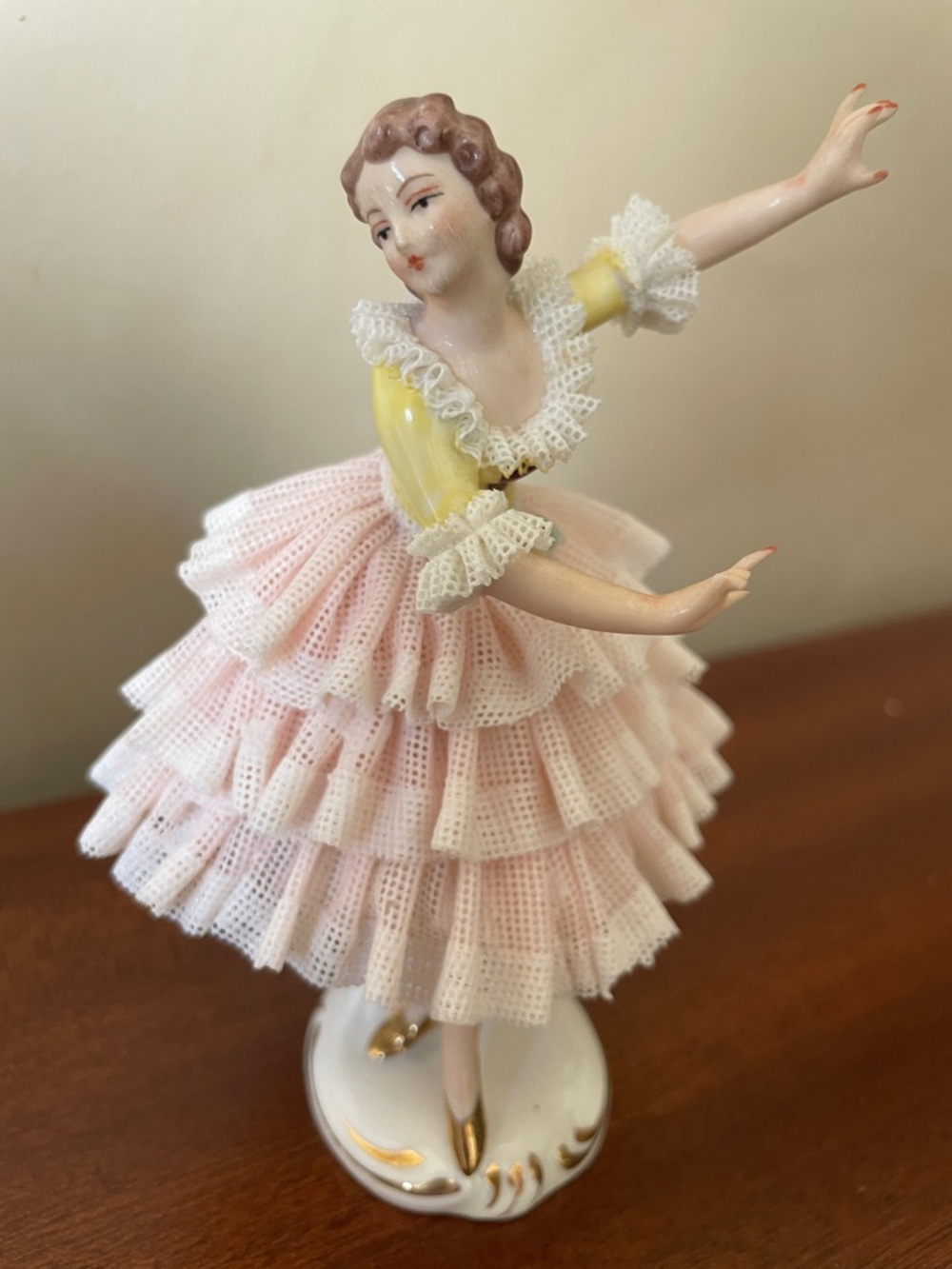 Porcelain Ballerina Figurine in Pink and Yellow